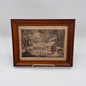 Vintage Currier & Ives "A Home in the Wilderness" Framed Americana Print 12x15